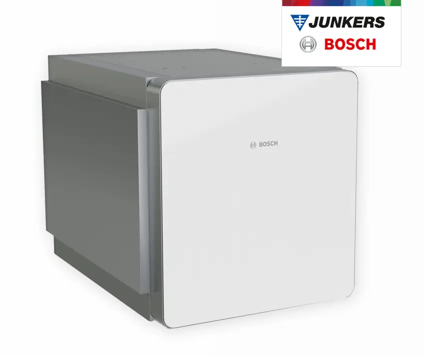 Wasserwärmer in kompaktem Design mit weißer Front und grauem Gehäuse, Marke Bosch, geeignet für die Installation in verschiedenen Räumen.